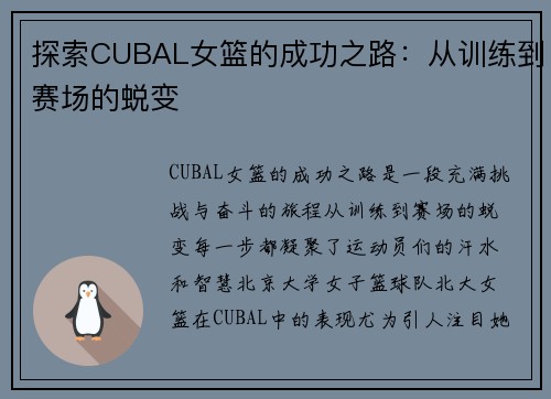 探索CUBAL女篮的成功之路：从训练到赛场的蜕变