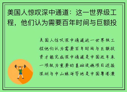 美国人惊叹深中通道：这一世界级工程，他们认为需要百年时间与巨额投资才能完成