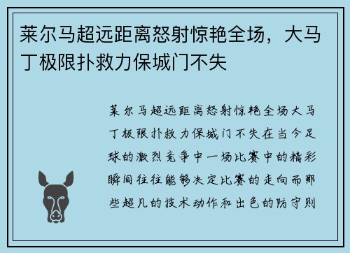 莱尔马超远距离怒射惊艳全场，大马丁极限扑救力保城门不失