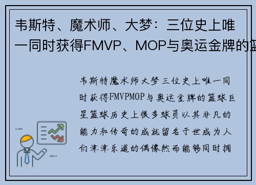 韦斯特、魔术师、大梦：三位史上唯一同时获得FMVP、MOP与奥运金牌的篮球巨星