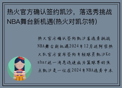 热火官方确认签约凯沙，落选秀挑战NBA舞台新机遇(热火对凯尔特)